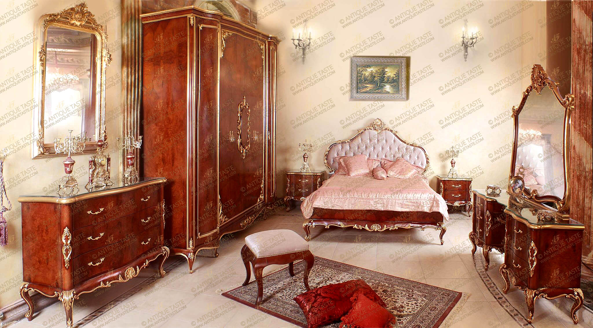 A stupendous French Louis XV Period Rococo style Luxury Bedroom Suite; hand carved, French foil gilded, ormolu mounted and veneer inlaid; fancifully and richly carved with Rocaille elements, acanthus leaves, scrolling foliage, shells and S works; the fine set is comprising of one bed, one armoire, one dressing table with mirror, one dressing table chair, one chest of drawers and two nightstands.