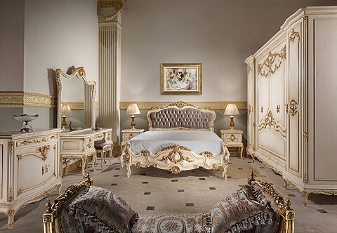Italian Louis XV style Patinated Off White carved and parcel gilt-wood Palatial Bedroom Set