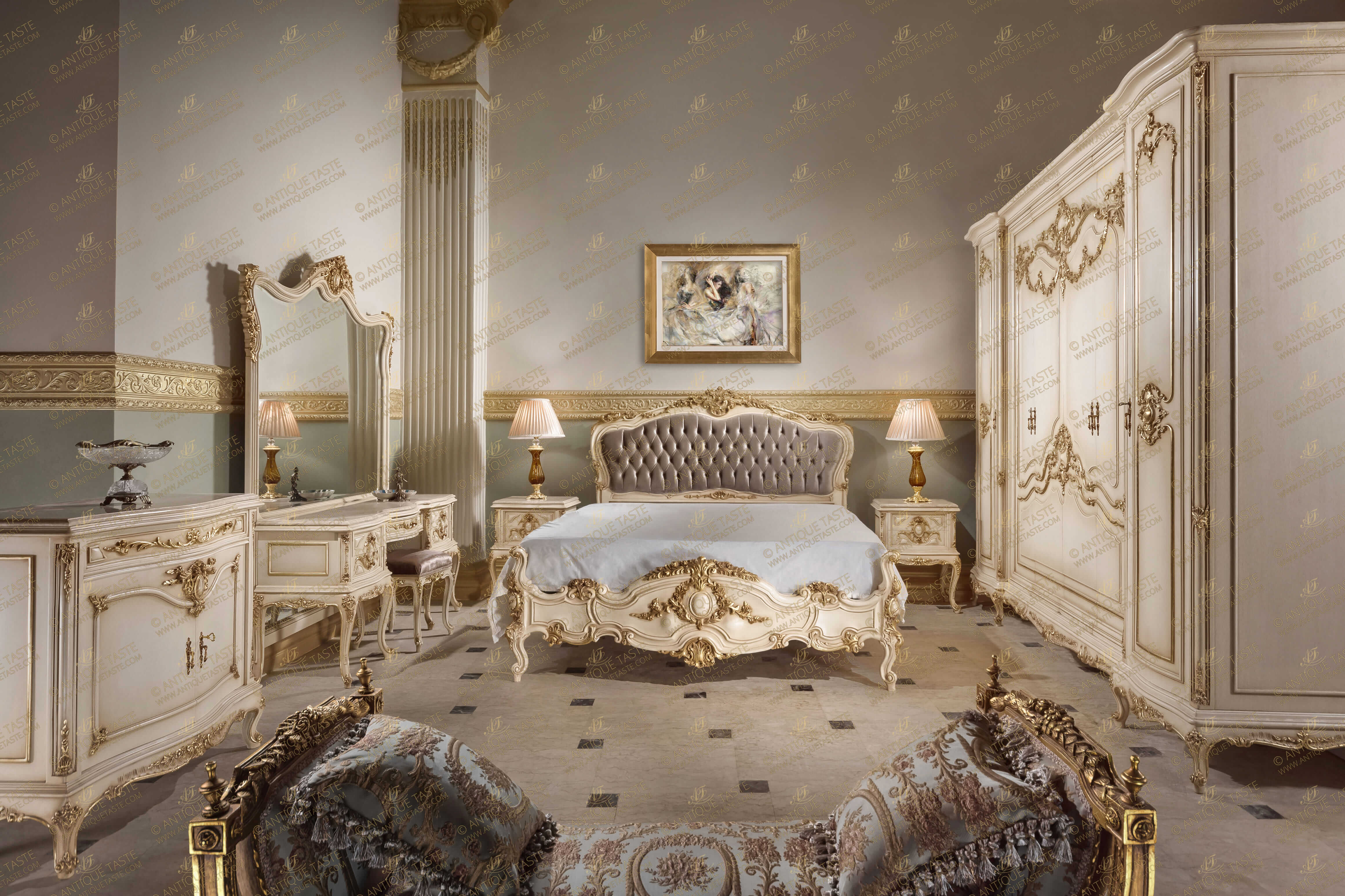 Italian Louis XV style Patinated Off White carved and parcel gilt-wood  Palatial Bedroom Set