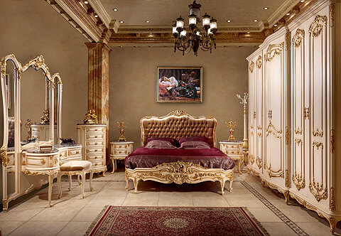 Louis Quinze Rocaille style exuberantly carved, antique white patinated and foil gilded Bedroom Set