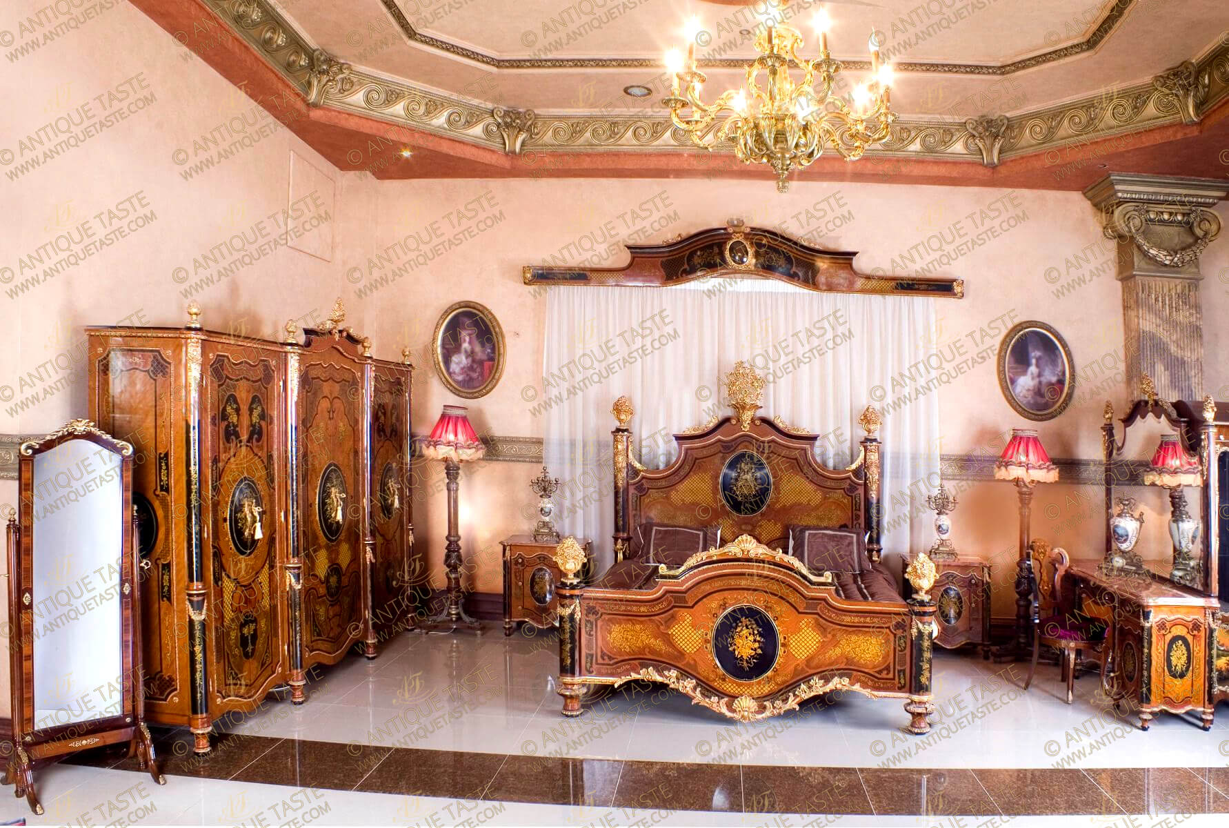 Our elaborate prestigious reproduction of the Spanish ormolu-mounted veneer, marquetry inlaid and ebonized Rocaille Royal Bedroom set after the bedroom model of Queen Isabella II of Spain circa 1830 - 1904, the extraordinary bedroom set is made of solid walnut wood and lavishly ormolu embellished with rocaille encadrements, scallops, scrolling acanthus, ormolu flower bouquets, ormolu festoons, ormolu swaging garlands and stunning extensive marquetry patterns; the set is ebonized in harmony and hand painted with foliate designs and comprising of one bed, one armoire, one vanity with mirror, one chair, one curtain cornice and two bedside tables. The original Bedroom is exhibited in the Royal Palace of Aranjuez, Madrid in the town of Aranjuez, the bedroom was the wedding gift the queen received from the city of Barcelona and was used firstly by King Charles IV during the 18th century as his private office but later in the 19th century, it became a bedroom. The bedroom was made by Juan Bautista de Toledo the famous Spanish architect.