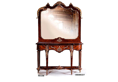 French Transitional Louis XV / Louis XVI style ormolu-mounted palisander wood veneer inlaid Luxury Console Table with matching Mirror