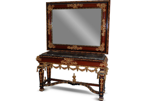 A stately and imposing Louis XIV Neoclassical style gilt-ormolu-mounted mahogany finish grandiose Console Table with matching Mirror