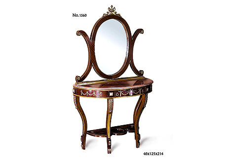 A winsome French Napoleon style ormolu-mounted veneer inlaid mirrored console table with porcelain plaques, The veneer inlaid oval shaped mirror flanked with C shaped sides ornamented with ormolu rosettes, The mirror crested with a fine chiseled ormolu urn flanked with foliate ormolu volutes to each side, all bordered with ormolu band, The mirror is resting on a rectangular gilded and beaded base above the demilune shaped beveled marble top which takes the same shape of the console table frieze, The demilune shaped apron has a central drawer separated from the two curved sides with two blocks inlaid with porcelain plaques bordered with ormolu strips and repeated to the far end of the apron, The central drawer has a central porcelain plaque encircled within a fine chiseled ormolu band issuing swaging laurel tied ribbons and two ormolu lyre shaped handles. The curved sides have the same ormolu ornaments, The console is raised on four cabriole legs headed by an intricate acanthus leave ormolu mount on each above a gilded ormolu bordered body surmounting a block ornamented with an ormolu rosette above an ormolu acanthus sabot, The four legs are connected with an elaborate circles shaped stretcher with ormolu beaded trim and ormolu rosettes