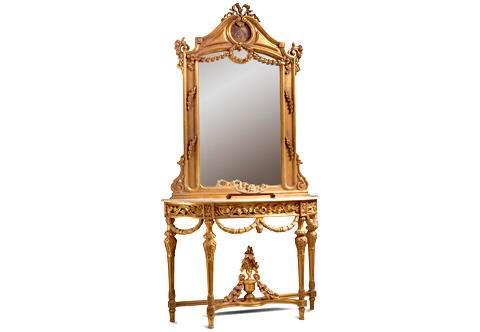 French early 19th Century Louis XVI and Vernis Martin style carved, hand painted and French foil gilded Console Table and Mirror