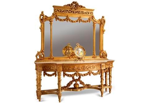 A Monumental Italian Early 19th Century Louis XVI style Belle Époque period hand carved and French foil gilded Grand Console Table with Mirror
