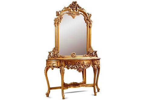 A magnificent mid 19th Century Italian Louis XV style hand carved and distressed French foil gilt wood Grand Console Table and Matching Mirror