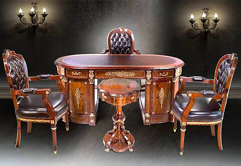 Jacob-Desmalter French Empire style ormolu-mounted veneer inlaid oval shaped Pedestal Desk
