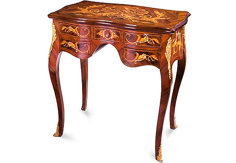 François Linke French Louis XV period style ormolu-mounted extensive marquetry and veneer inlaid five drawers Lady Desk