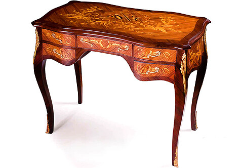 French Louis 15 style gilt-brass-mounted exotic marquetry, parquetry and veneer inlaid three drawers Bureau De Dame