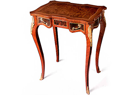 French Louis XV style ormolu-mounted veneer inlaid scalloped shaped one drawer Lady Writing Table