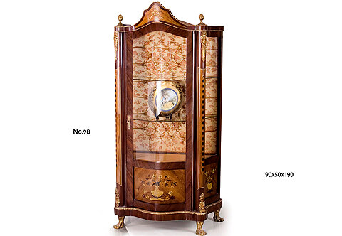 French 19th century style ormolu-mounted veneer and marquetry inlaid capitonné upholstered interior Cabinet Vitrine on ormolu paw feet