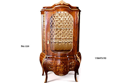 French Louis XV ormolu-mounted Parquetry and Marquetry tufted back Bombé display cabinet