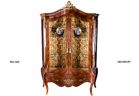 Louis XIV style gilt-omrolu-mounted parquetry and veneer inlaid capitonné upholstered interior China Cabinet