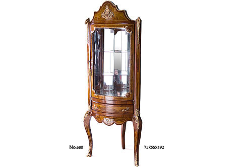 Napoleon III Louis XV Revival style ormolu-mounted veneer inlaid mirrored interior triangular shaped three legged Corner Vitrine