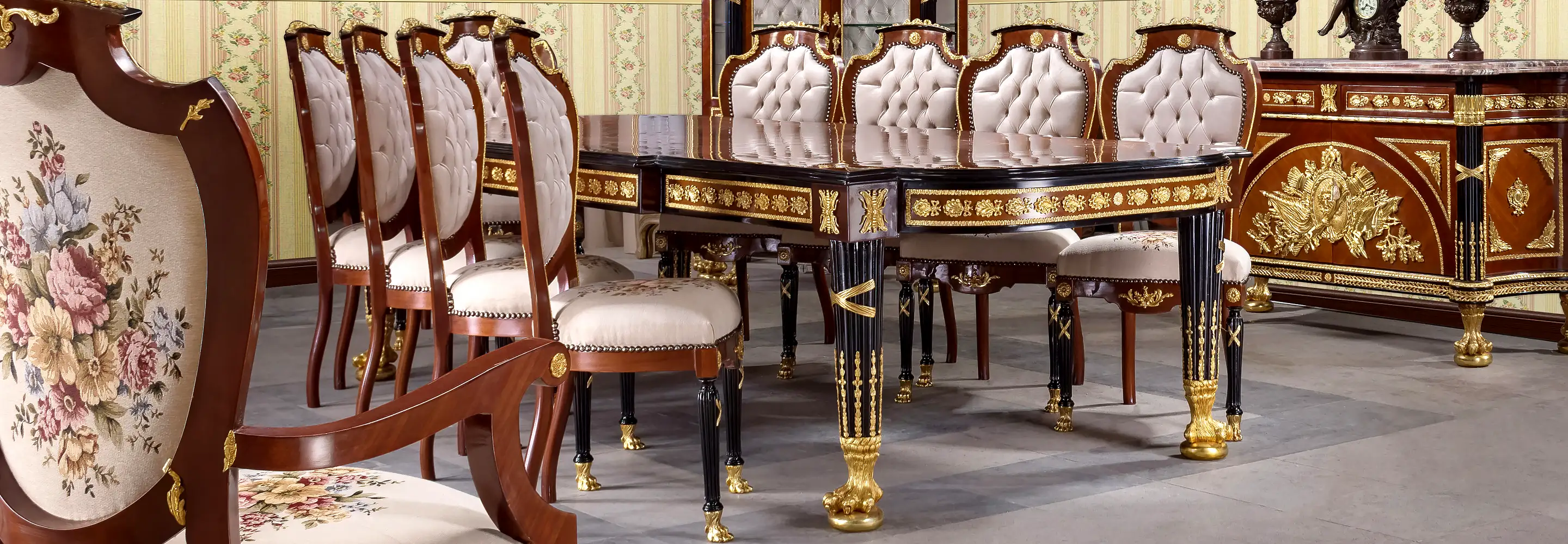 Investment-grade Napoleon III style dining room set featuring hand-chased bronze ciselure and intricate wood marquetry for the world's finest ateliers.