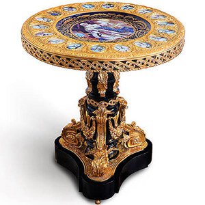 François Linke style side table, Empire style end table, Napoleon III occasional table, Louis XV ormolu mounted accent table, Neoclassical style side table, Rococo style side table, High end salon table, Accent nesting tables, Asymmetrical shaped side table, Luxurious finish corner tables, Jean-Henri Riesner Style end table, Porcelain Sevres mounted side table