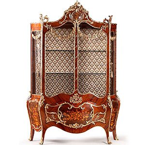 French style Vitrine, English Style Vitrine, Francois Linke Serre-Bijoux, Ormolu-mounted Vitrine, Louis XV style Vitrine, Vernis Martin style painted Vitrine, Louis XVI style vitrine cabinet, crossbanded vitrine, Antique style Vitrine, Antique style Glass Cabinet, Antique style Corner Vitrine, Andres Charles Boulle Vitrine, Carved Vitrine, Antique Display Bookcase