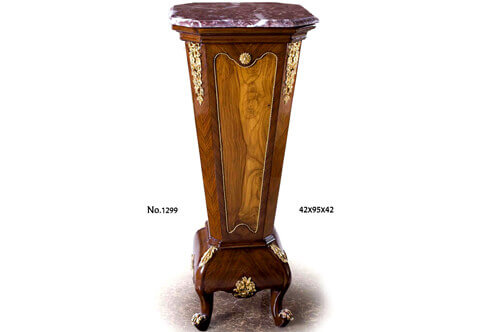 French Transitional style gilt-brass-mounted veneer inlaid octagonal shaped marble topped Pedestal Stand