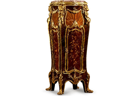 A Royal French Louis XV Revival style ormolu-mounted, veneer and marquetry inlaid grand Pedestal after the model by Francois Linke after the model by Joseph-Emmanuel Zwiener late 19th Century