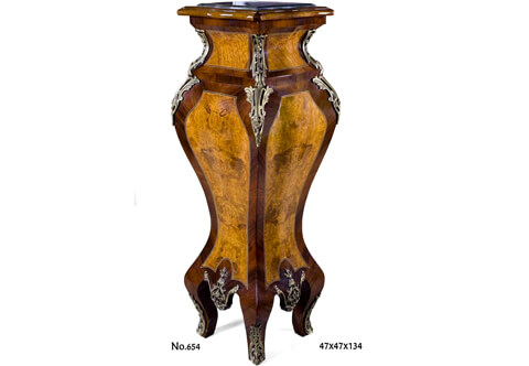 Louis XV distressed ormolu-mounted veneer inlaid inset marble topped Bombé shaped Pedestal Stand