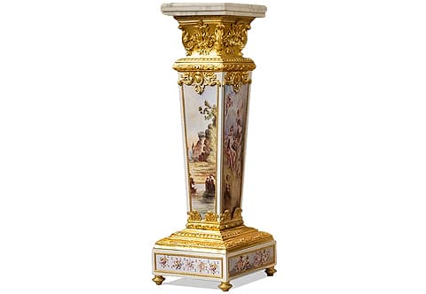 French Louis XVI late Rococo and Vernis Martin Renaissance style, ormolu-mounted, carved, painted and French foil gilded Grand Bust Pedestal