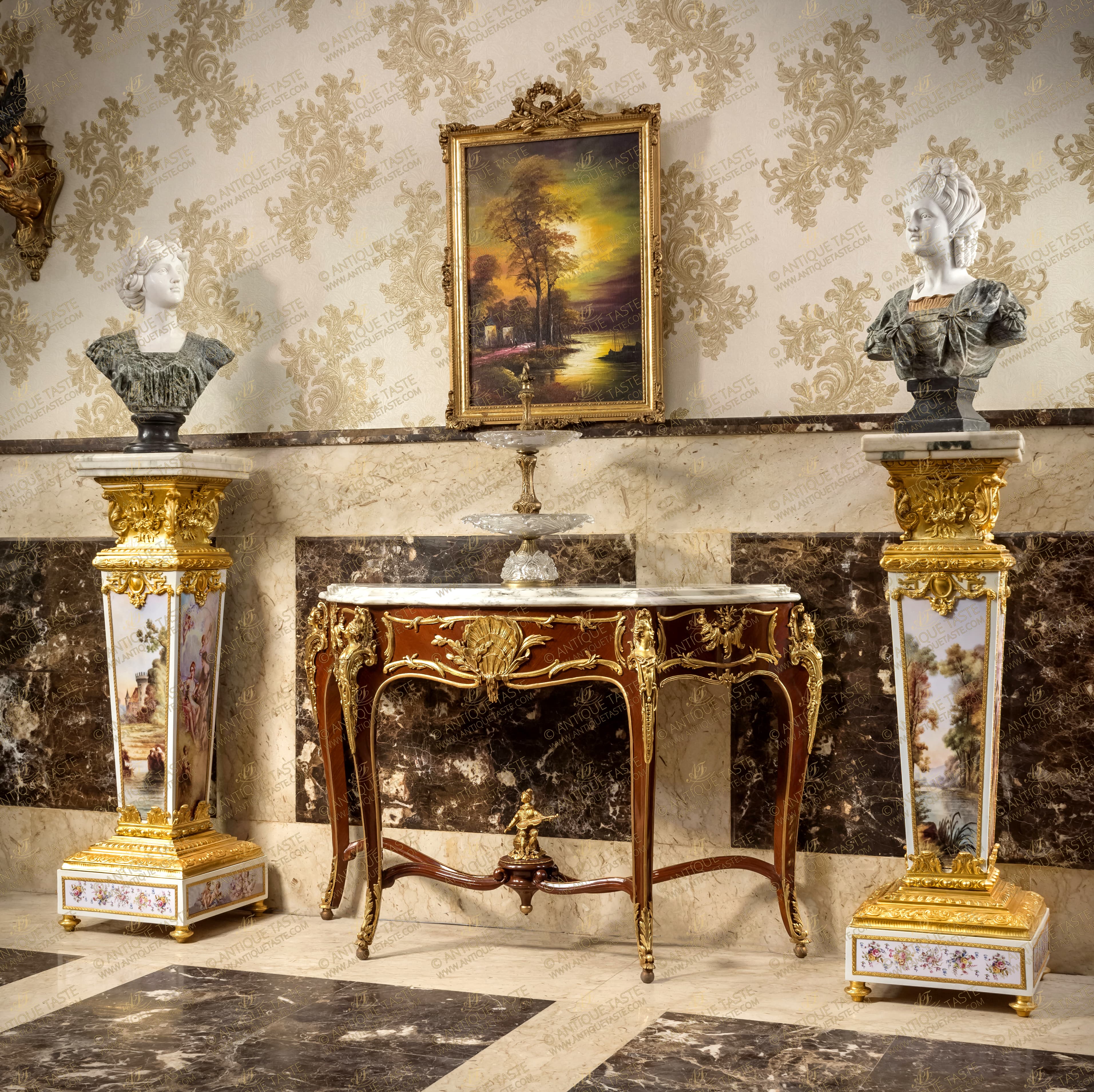 A royal and extremely stunning pair of French Louis XVI late Rococo and Vernis Martin style ormolu-mounted white lacquered hand carved and French foil gilded grand Bust Pedestals; The square mottled marble top rests above a fabulously hand carved concaved sides neck adorned with Egg and Cyma Recta bands, large scrolling acanthus leaves volutes and acanthus foliate bouquet above a laurel wreath astragal; The tapering body below is white lacquered and exquisitely hand painted in Vernis Martin style with landscape and Renaissance style mythological scenes depicting nymphs engaged with cupid and cherubs and enframed within a hammered ormolu band and surmounted with a finely chiseled ormolu mount of a cartouche issuing scrolling swaging bay leaf  garlands; Frets of Greek keys and blossoming acanthus leaves; the lower part is ornamented with an ormolu encadrement  of large scrolling Acanthus Mollis on an Egg trim; The lower plinth is white lacquered and surmounted with a leveled carved and French foil gilded frieze of different architectural decorative patterns and hand painted with playful cherubs and colorful flower bouquets enframed within a hammered ormolu band; all above the gilded topie shaped feet.