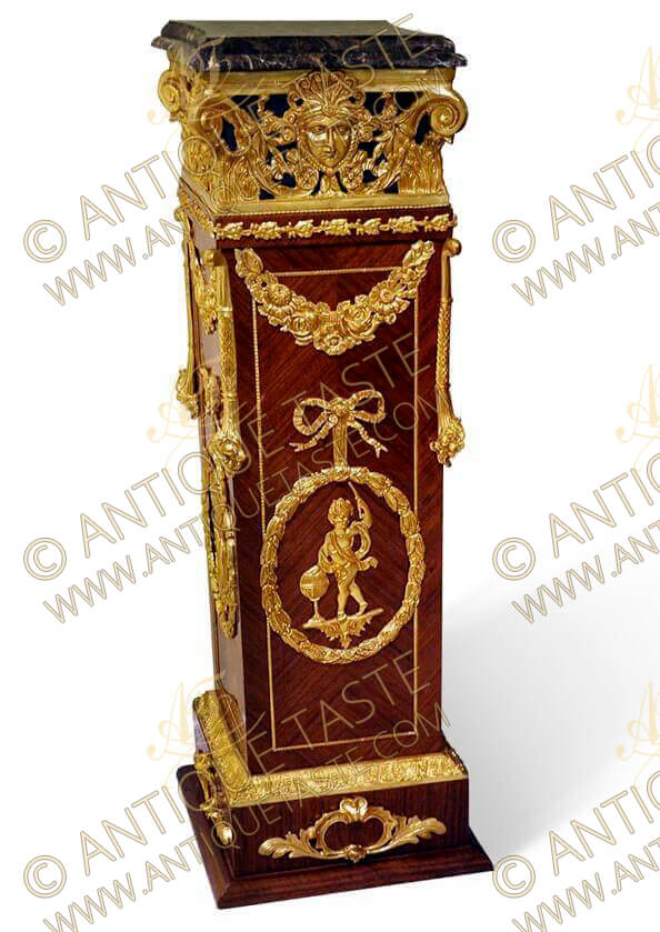 French Louis XVI style ormolu-mounted sans-traverse quarter veneer inlaid Pedestal, late 19th century