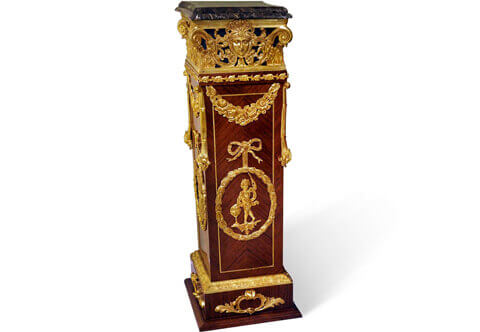 French Louis XVI style gilt-ormolu-mounted sans-traverse quarter veneer inlaid Pedestal, late 19th century, Luxurious Pedestals, Jean-Henri Riesner Pedestal, Francois Linke Pedestal, Maison Millet Pedestal, Corners Decoration, French style Stand, Andres Charles Boulle Pedestal, Theodore Millet Style Pedestal, Robert Adam style Vase Stand, Empire Style Pedestal, Vitrine Stands, Louis XV style Pedestals, Bombe Shape Stand, Louis XVI Pedestals, Ormolu-mounted Stand, English style Pedestal, Empire style Pedestal, George III style Pedestals, Heritage Pedestals, Display Stands