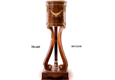 Napoleon III style ormolu-mounted marquetry and veneer inlaid marble topped cylinder body Pedestal Stand