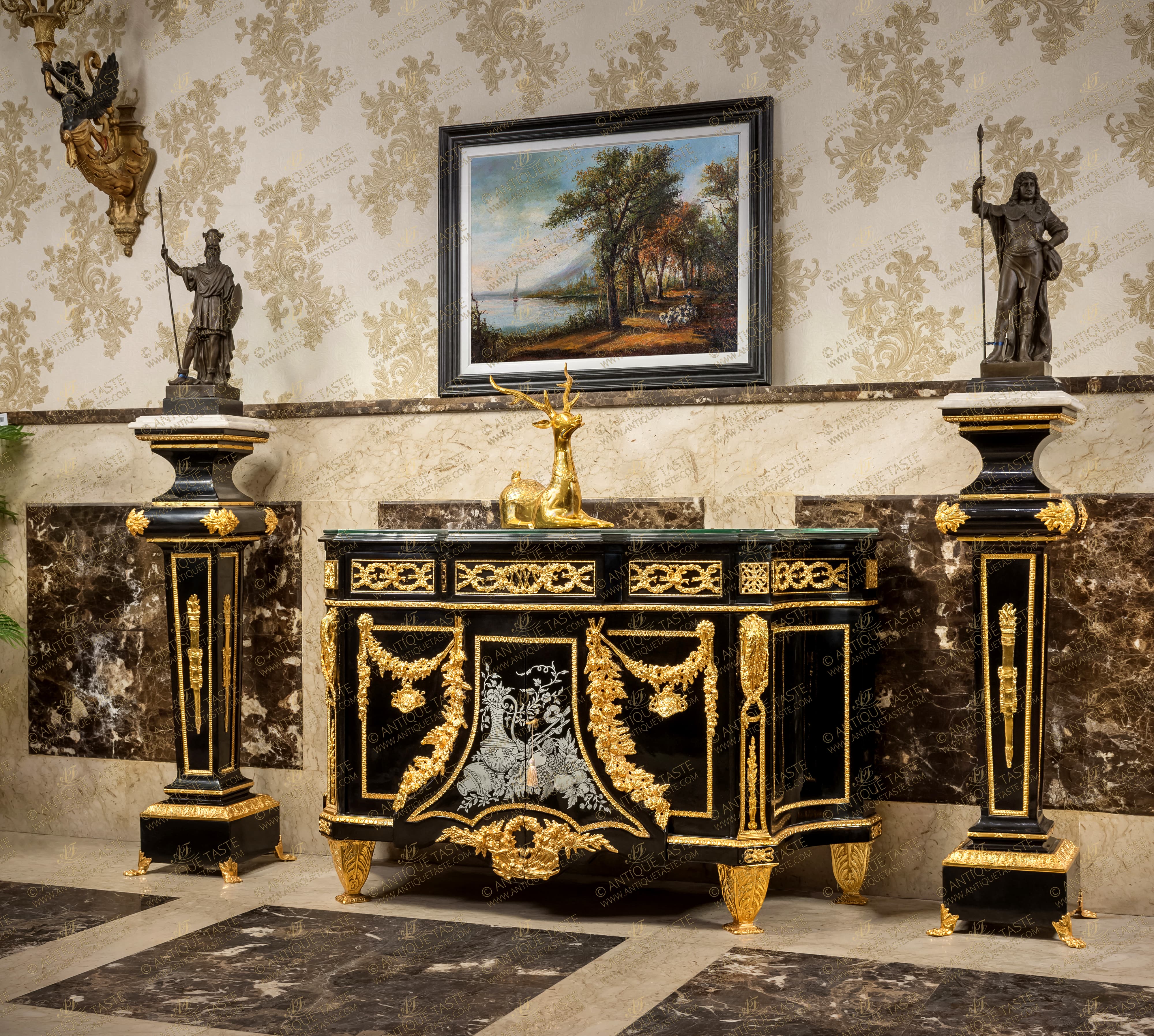 A sensational and contemporary vintage French late 19th Century Louis XVI Neoclassical style gilt ormolu-mounted and black lacquered Pedestal Stands after the model by Paul Sormani; Surmounted by a mottled veined marble top above a strait Fillet on a beaded Ovolo with Egg-and-Dart ormolu band above a concave shaped neck embellished up and down with reeded cross-band strips; the astragal below is of convex form and ormolu accented with large double detailed acanthus leaves to each corner and followed with a repeated ormolu strip below; The tapering form recessed body framed to each side with a leaf-and-dart ormolu encradement and ornamented to each center with finely chiseled large ormolu mounts of ormolu quiver and the eternal flame of life, the body terminates below above the plinth in a protruding rimmed base ornamented with a hammered cross-band ormolu strip; All above a square plinth surmounted with a fine cast acanthus Cyma-Reversa style robust ormolu trim band and raised on intricately chiseled ormolu leafy paw feet sabots; The fine pedestal is produced in different finishes in wooden veneer inlays; white lacquer and in different sizes and styles as well per clients requests as displayed.