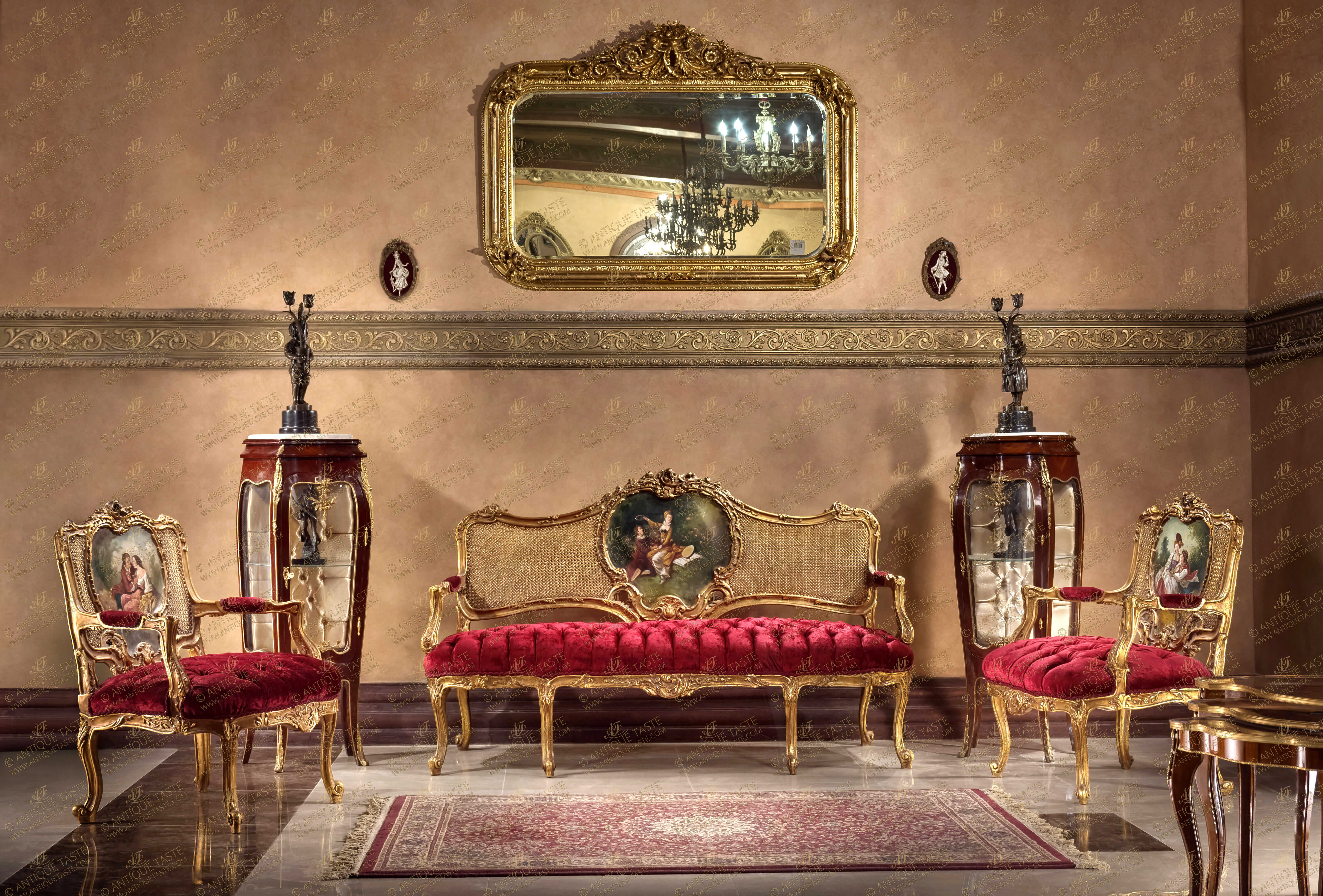 A very charming French 19th century Louis XV, Rococo and Vernis Martin Salon Set of one sofa and two armchairs; raised by fine cabriole legs with elegant scrolled feet; above each leg is a lovely acanthus carving, centered by an arbalest shaped frieze, with an elegant carved foliate scrolling reserve; upholstered with velvet in tufted style the fascinating back of the set is in cane and exquisite acanthus carvings, vines and scrolling blossoming foliage centered with different hand paintings of romantic court scenes inspired from François Boucher collections.