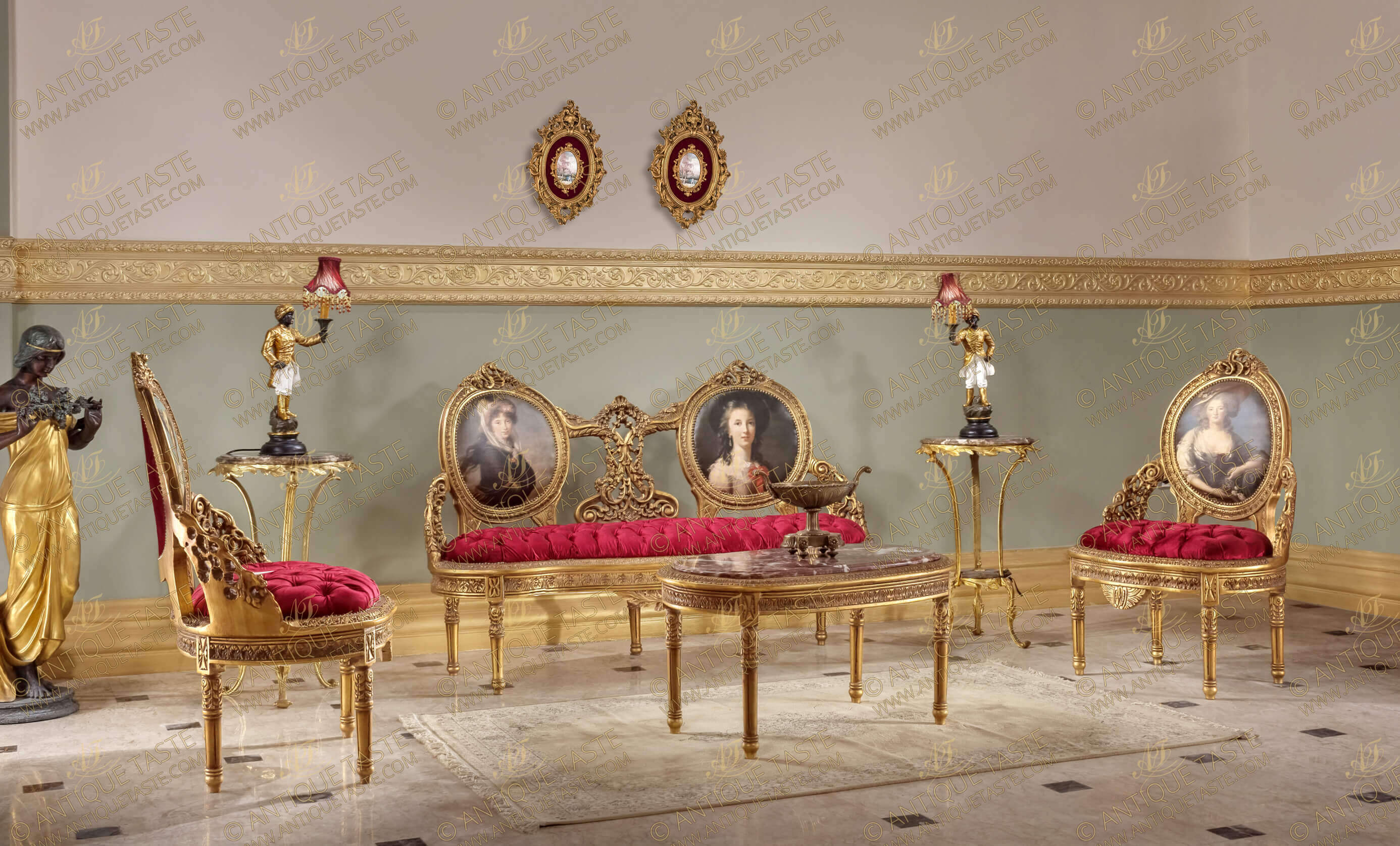 Italian Louis XVI Rococo style hand carved and French foil gilded four pieces Regal Sofa Set of one sofa, two armchairs and one sofa table, the amazing set is upholstered in dark red velvet in tufted style, professionally hand carved with rich Rococo elements of shells, scrolling foliage, pierced blossoming foliate branches, scrolling S shape carvings and leaf-and-dart on cyma reversa trims; the fine set back is upholstered with different prints of court ladies portraits. This set is a real classical add to any beautiful home