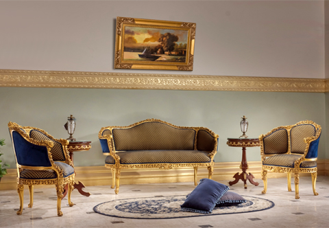 French Louis XIV style hand carved, foil gilded and patinated three pieces Deluxe Sofa Set