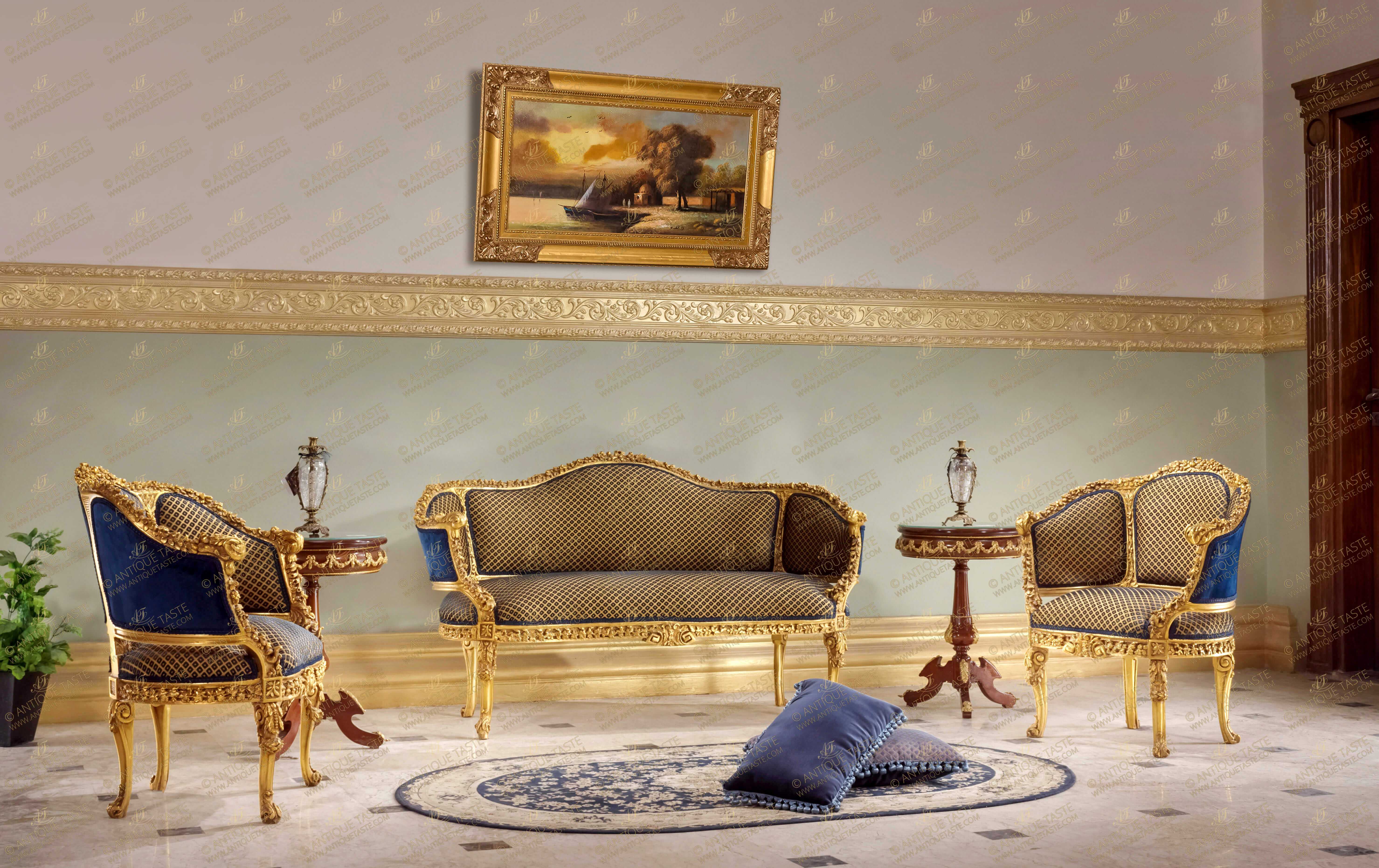 Clan Leed overal French Louis XIV style hand carved, gilded and patinated Deluxe Sofa Set