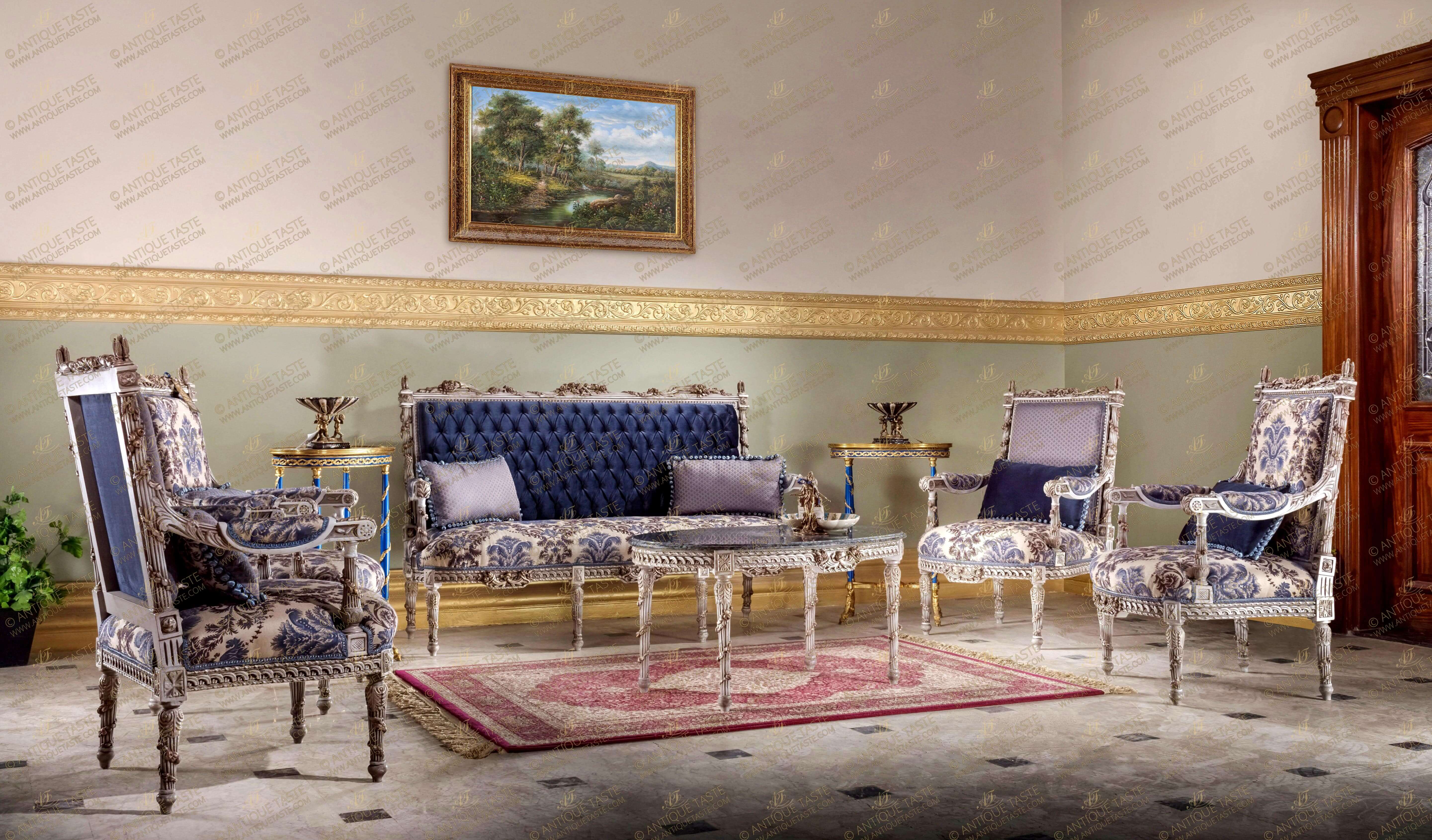 French Louis XVI style carved and distressed grey painted six pieces dark blue fabric Majestic Grand Salon Set