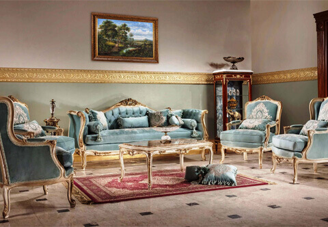 French Louis XV Shabby Chic Rococo style off-white painted and parcel gilt-wood six pieces luxury heavenly blue Grand Sofa Set