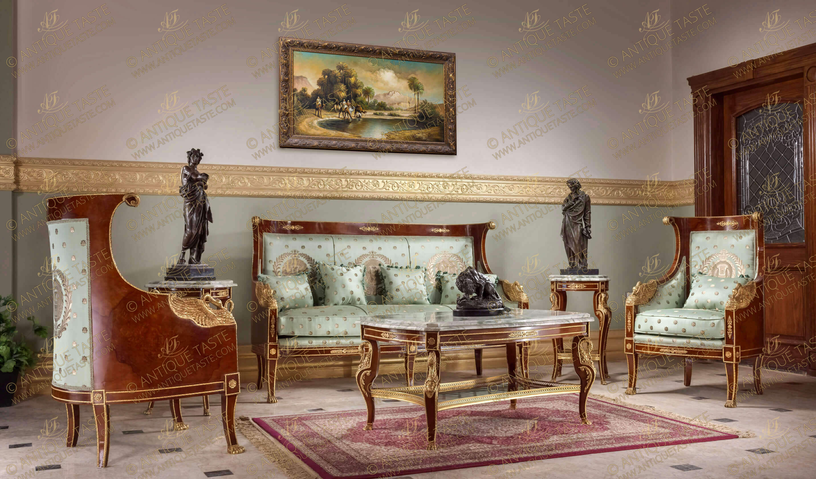A spectacular and monumentally scaled French Napoleon Second Empire style gilt-ormolu-mounted veneer inlaid six pieces Salon Set adorned with finely chased ormolu mounts of swans, paw feet, flower rosettes, scrolling acanthus leaves and pierced ormolu works; upholstered in a Royal specially custom made damask fabric and consists of a sofa, two armchairs, two side tables and a fine central coffee table