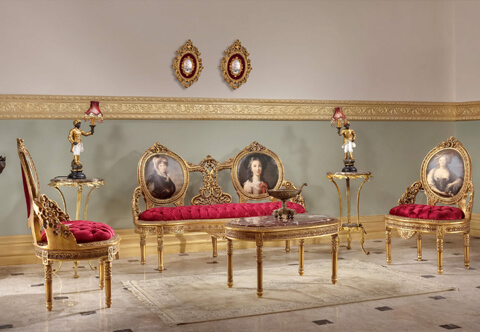 Italian Louis XVI Rococo style hand carved and foil gilded four pieces Regal Sofa Set