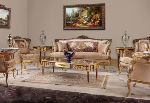 French Louis XV period Monarchical sofa-suite of one sofa and four arm chairs; professionally hand carved in immense amount of narrow scale blossoming flowers and acanthus works, French foil gilded and dark Green Trianon painted in harmonious and elegant touch; upholstered in rich velvet with court scenes tapestry print
