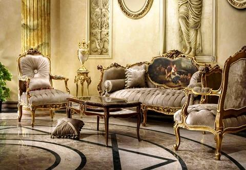 French Louis XV Rococo style carved, foil gilded and hand painted three pieces Imperial Sofa Suite