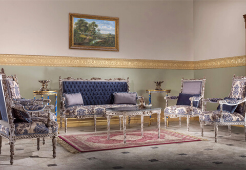 French Louis XVI style carved and distressed grey painted six pieces Majestic Grand Salon Set