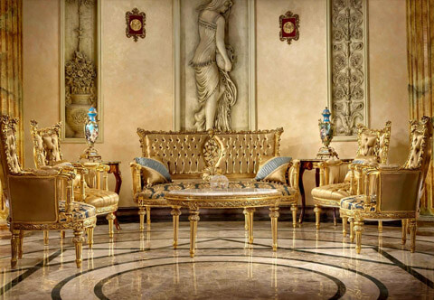French Louis XVI style hand carved, foil gilded and patinated six pieces opulent Salon Set