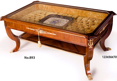 French Empire style ormolu-mounted veneer inlaid upholstered Display Coffee Table De Salon