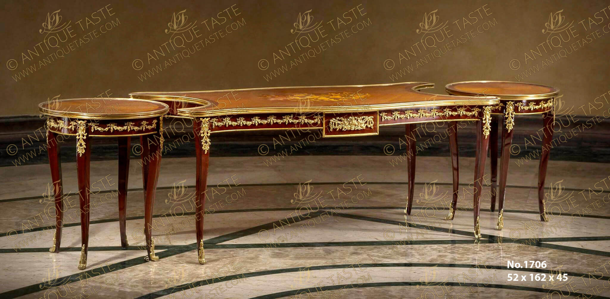 Transitional Louis XV/Louis XVI style ormolu-mounted marquetry and veneer inlaid 3 pieces Center Coffee Table after the model by Francois Linke
