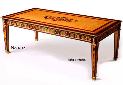 Italian Louis XVI style gilt-ormolu-mounted marquetry and veneer inlaid Classical Couch Table