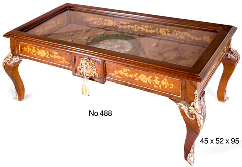 French Louis XV style ormolu-mounted foliate marquetry and veneer inlaid upholstered Vitrine Table De Salon