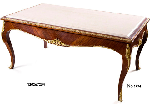Delicate Louis XV period style gilt-ormolu-mounted sans traverse palisander veneer inlaid marble topped Salon Coffee Table De Salon