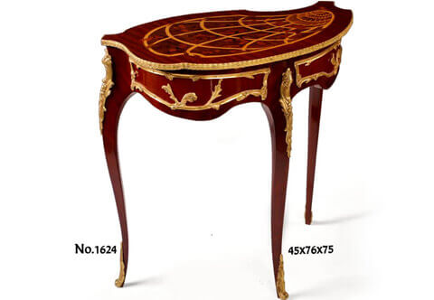 French Rocaille Louis XV style ormolu mounted marquetry Jewelry table after the model Table A Ouvrage Louis XV by François Linke which was one of Linke’s Furniture at the Paris Exposition Universelle 1900, The tear shape bijouterie is chased and ornamented with gilded ormolu mounts, The tray is lifted of rounded shape with its shell and branches, the reverse side decorated with marquetry pattern of a swan landscape in a pond protected by a fountain, the interior with compartments upholstered with velvet fabric resting on three curved slender legs with ormolu acanthus leaves sabots