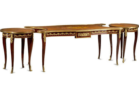 French Transitional Louis XV/Louis XVI style ormolu-mounted marquetry and veneer inlaid 3 pieces Center Coffee Table after the model by Francois Linke